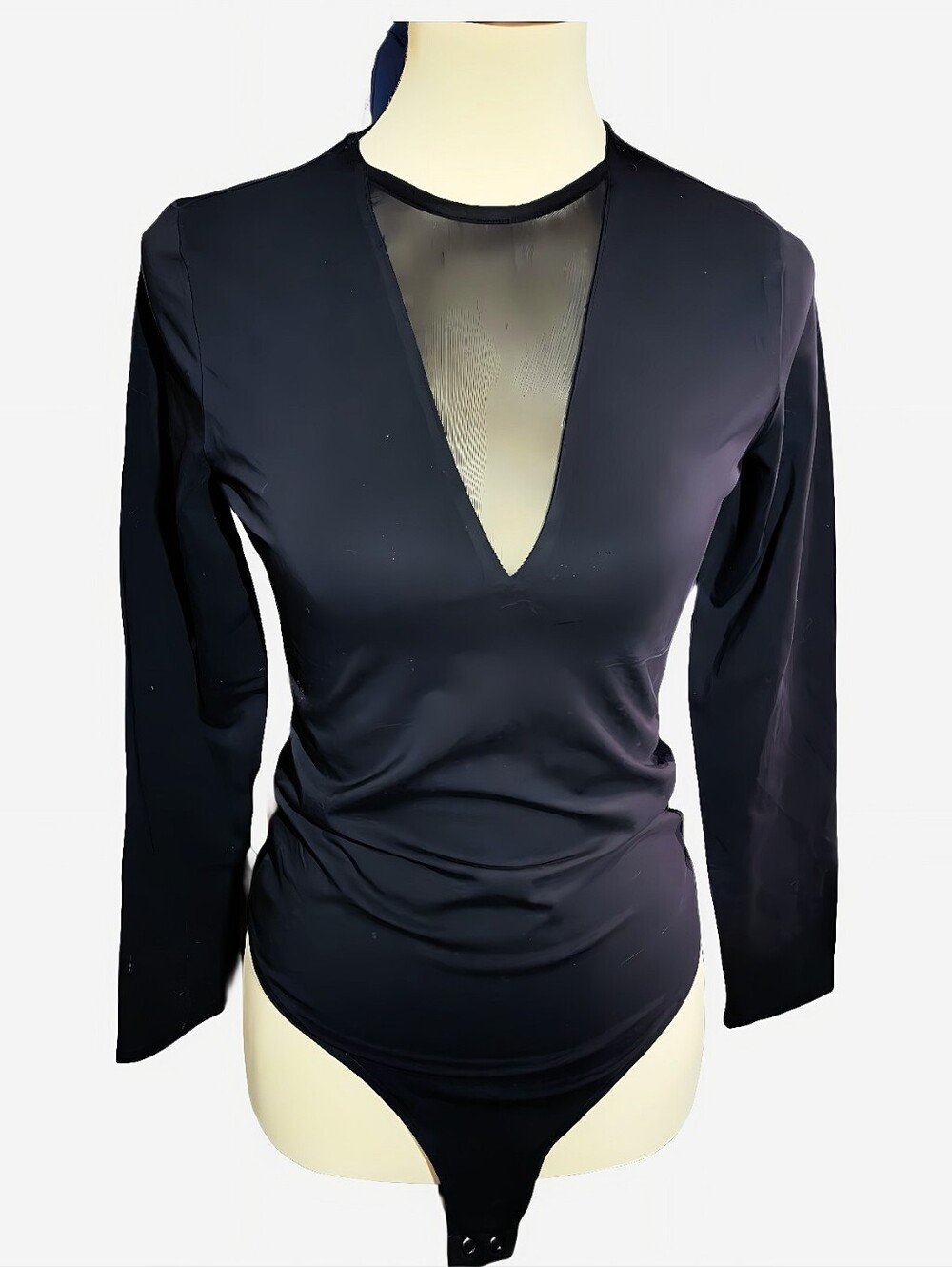 Express Women's M Black Long Sleeve Fitted Bodysuit Mesh Deep V Neck Brand New